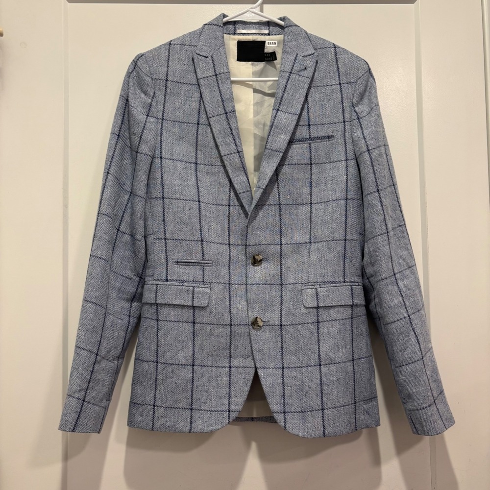 ASOS Mens Blue Windowpane Linen Blend Blazer Jacket Size 34 Regular 08181034